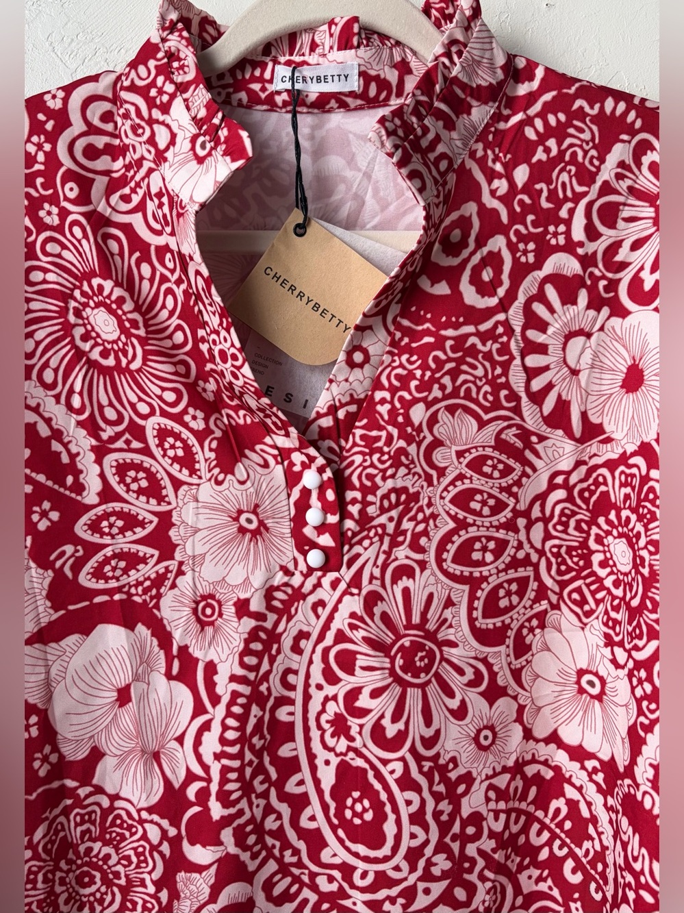 Cherrybetty Red Pink Floral Paisley Ruffle Blouse Tunic 3XL - Picture 5 of 8